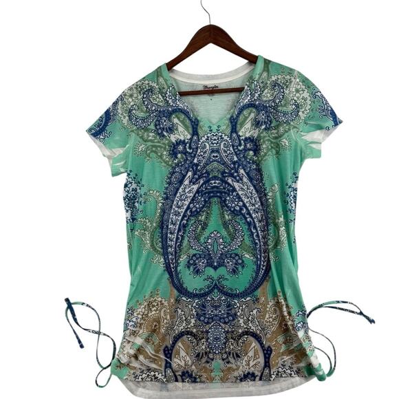 Wrangler WrancheR Women’s Paisley Print Top Size M Aqua & Blue Boho Western Tee - Picture 2 of 10